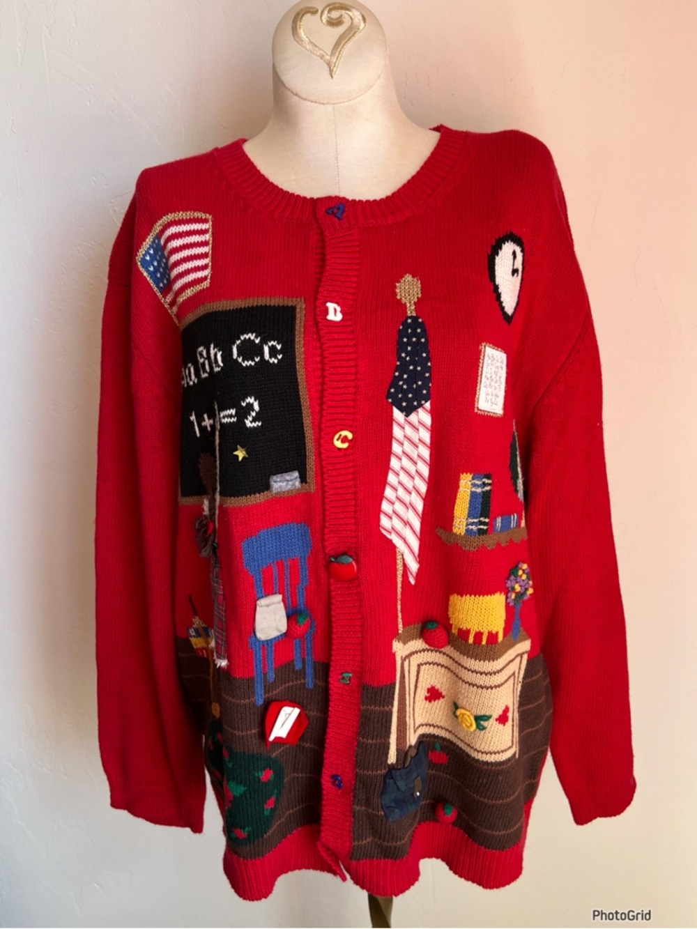Vintage Susan Bristol Hand Embroidered Novelty Teacher Red Cardigan XL - Picture 2 of 11